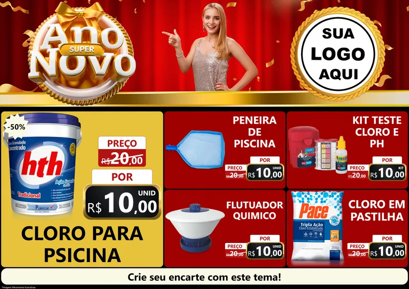 Modelo de Encarte para Encarte A4 Horizontal com o tema Super Ano Novo para Produtos para Piscina