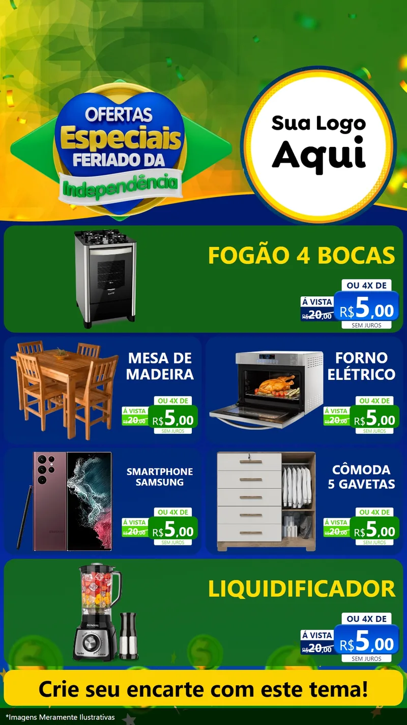 Modelo de TV para TV Vertical com o tema Ofertas Especiais Feriado da Independência para Móveis e Eletro