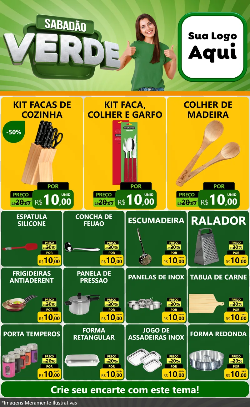 Modelo de Encarte para Encarte Grande com o tema Sabadão Verde para Utilidades Domésticas