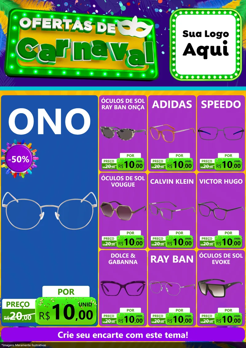 Modelo de Encarte para Encarte A4 Vertical com o tema Ofertas de Carnaval para Óticas