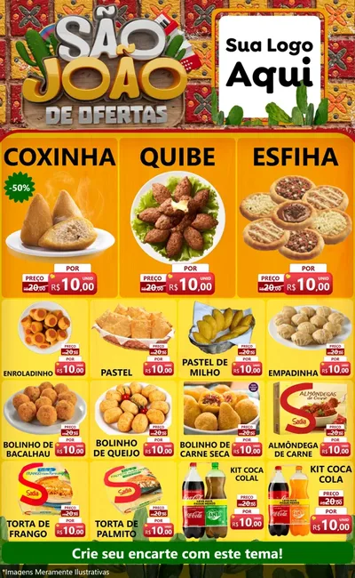Modelo de Encarte para Encarte Grande com o tema São João de Muitas Ofertas - Junina para Salgadaria