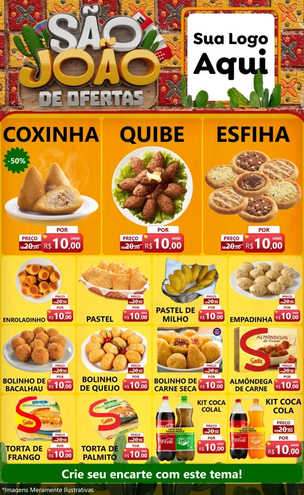 Modelo de Encarte para Encarte Grande com o tema São João de Muitas Ofertas - Junina para Salgadaria