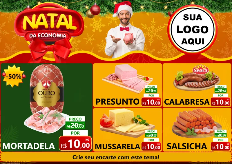 Modelo de Encarte para Encarte A4 Horizontal com o tema Natal da Economia para Frios e Laticínios