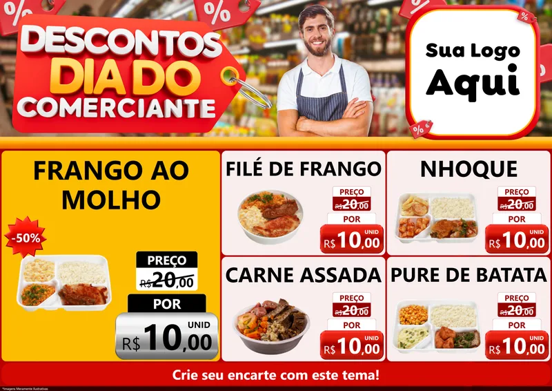 Modelo de Encarte para Encarte A4 Horizontal com o tema Descontos Dia do Comerciante para Restaurante