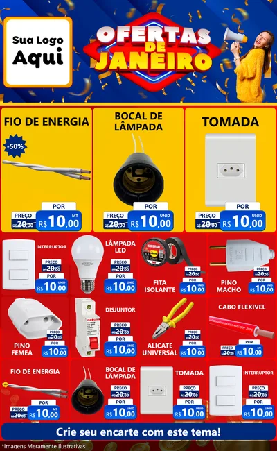 Modelo de Encarte para Encarte Grande com o tema Ofertas de Janeiro para Materiais Elétricos