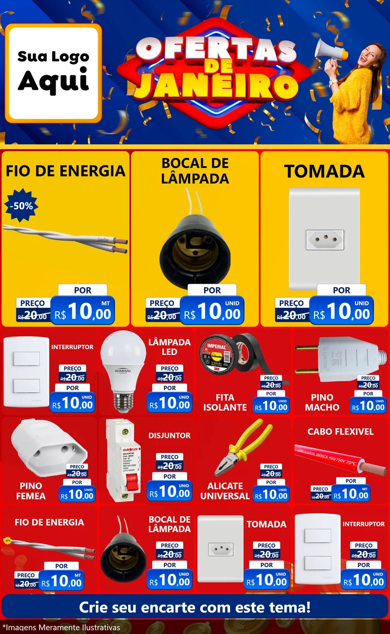 Modelo de Encarte para Encarte Grande com o tema Ofertas de Janeiro para Materiais Elétricos