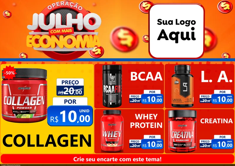 Modelo de Encarte para Encarte A4 Horizontal com o tema Operação Julho Com Mais Economia para Suplementos alimentares