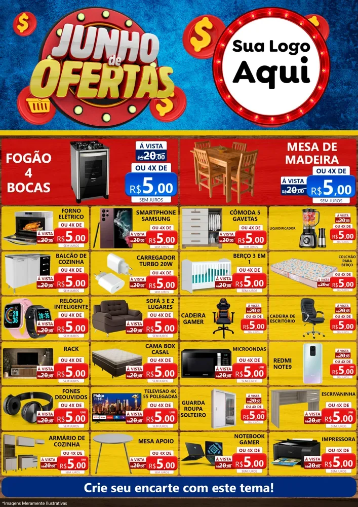 Modelo de Encarte para Encarte A4 Vertical com o tema Junho de Ofertas para Móveis e Eletro