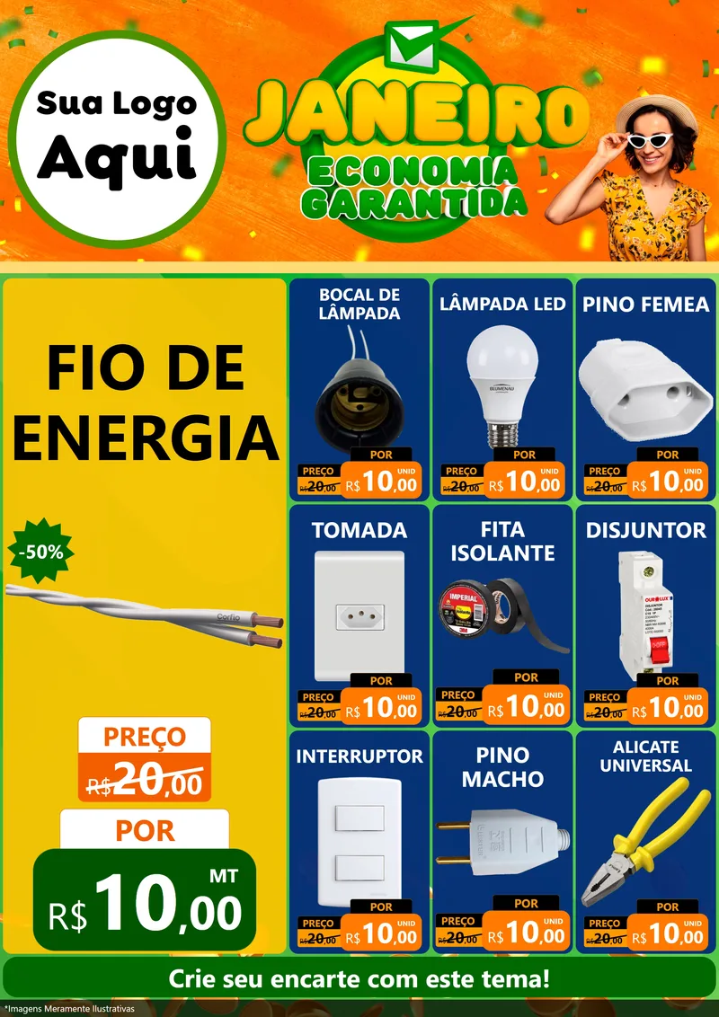 Modelo de Encarte para Encarte A4 Vertical com o tema Janeiro - Economia Garantida para Materiais Elétricos