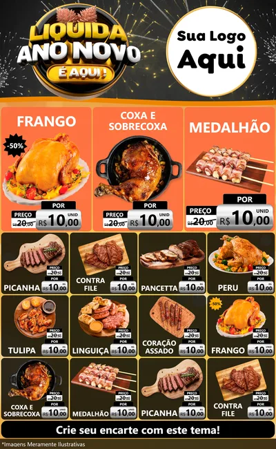 Modelo de Encarte para Encarte Grande com o tema Liquida Ano Novo É Aqui! para Assados