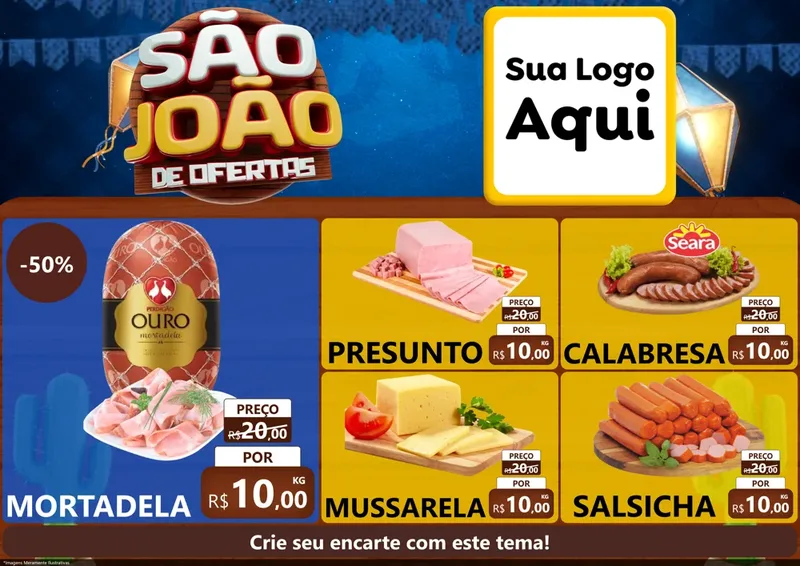 Modelo de Encarte para Encarte A4 Horizontal com o tema São João Ofertas Imbatíveis! - Junina para Frios e Laticínios