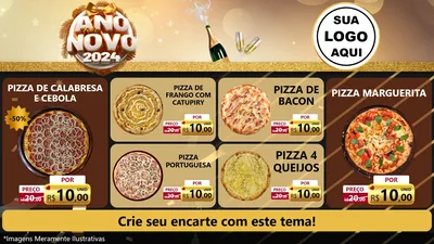 Modelo de TV para TV Horizontal com o tema Feliz Ano Novo 2027 para Pizzaria