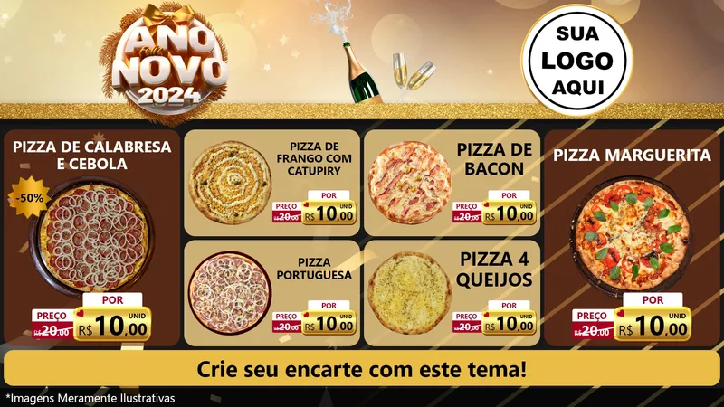 Modelo de TV para TV Horizontal com o tema Feliz Ano Novo 2027 para Pizzaria