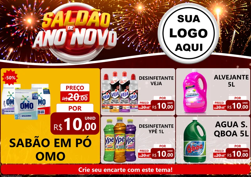 Modelo de Encarte para Encarte A4 Horizontal com o tema Saldão de Ano Novo para Produtos de Limpeza