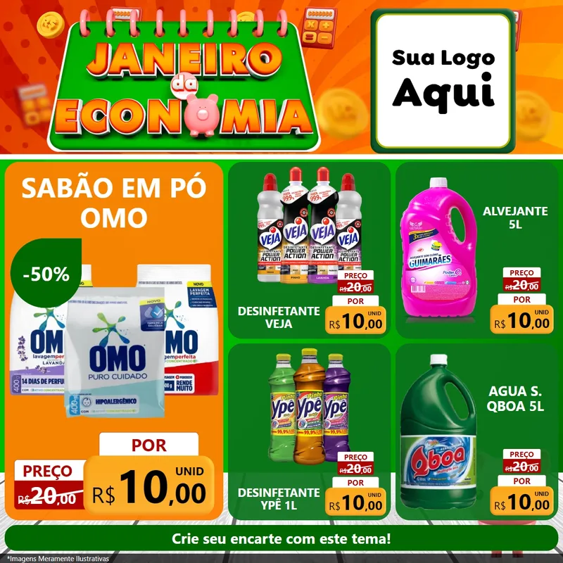 Modelo de Rede Social para Feed Facebook com o tema Janeiro da Economia para Produtos de Limpeza