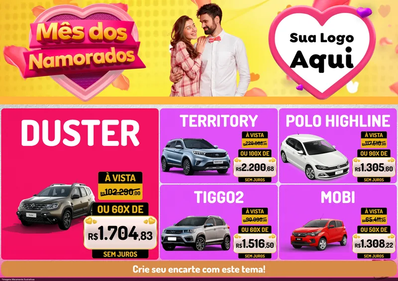 Modelo de Encarte para Encarte A4 Horizontal com o tema Mês dos Namorados para Concessionaria de Carros