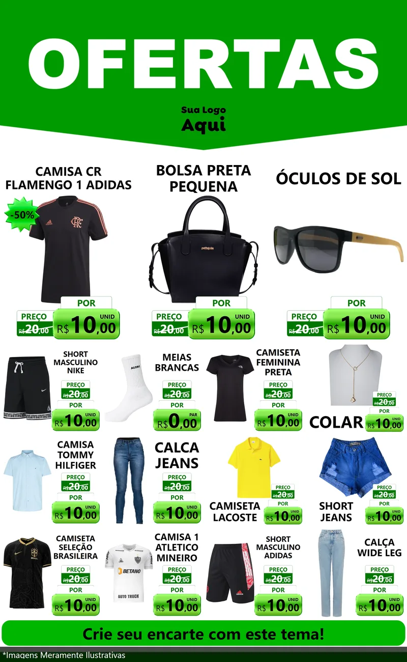 Modelo de Encarte para Encarte Grande com o tema Ofertas Verde Cartaz para Roupas e acessórios