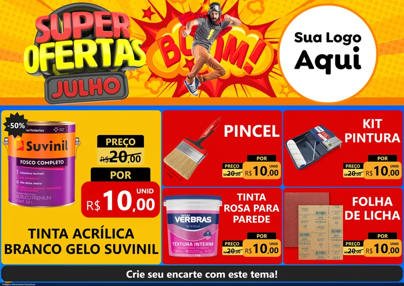 Modelo de Encarte para Encarte A4 Horizontal com o tema Super Ofertas Julho para Tintas e Ferramentas