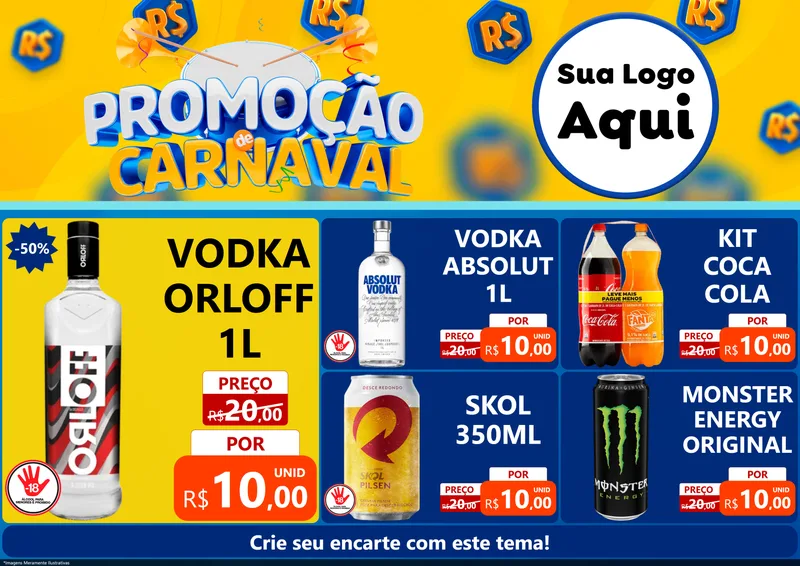 Modelo de Encarte para Encarte A4 Horizontal com o tema Promoção de Carnaval para Distribuidora de bebidas