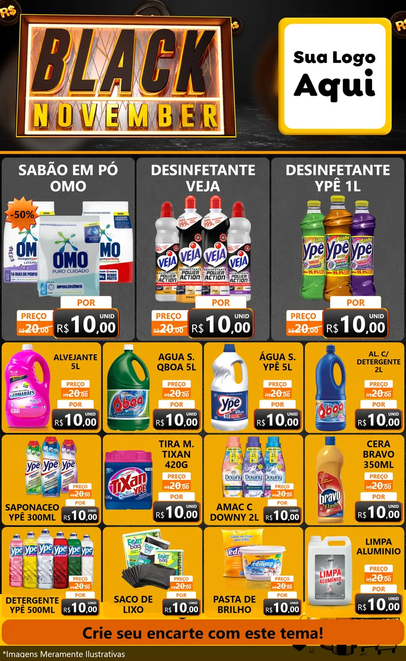 Modelo de Encarte para Encarte Grande com o tema Black November para Produtos de Limpeza