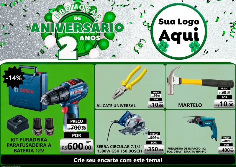 Modelo de Encarte para Encarte A4 Horizontal com o tema Promoção de Aniversário - 2 Anos para Maquinas e Ferramentas