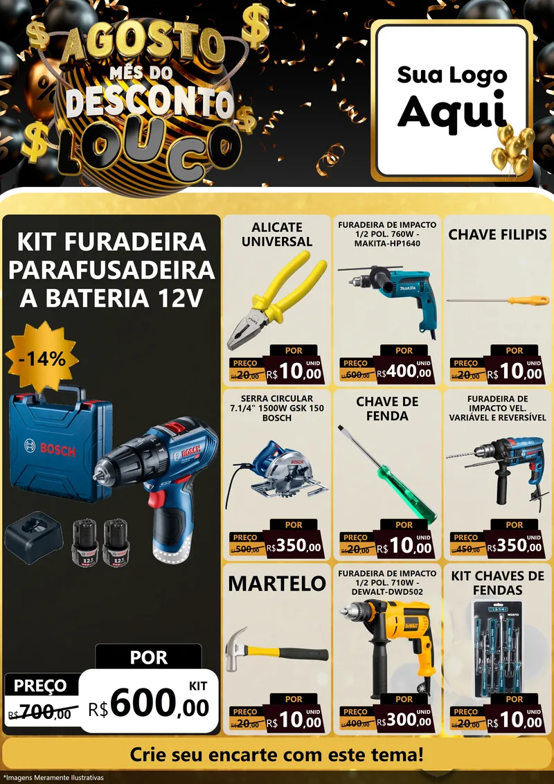 Modelo de Encarte para Encarte A4 Vertical com o tema Agosto Mês do Desconto Louco para Maquinas e Ferramentas