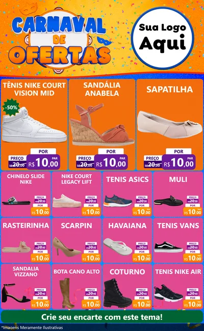 Modelo de Encarte para Encarte Grande com o tema Carnaval de Ofertas para Calçados