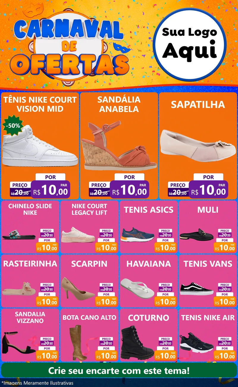 Modelo de Encarte para Encarte Grande com o tema Carnaval de Ofertas para Calçados