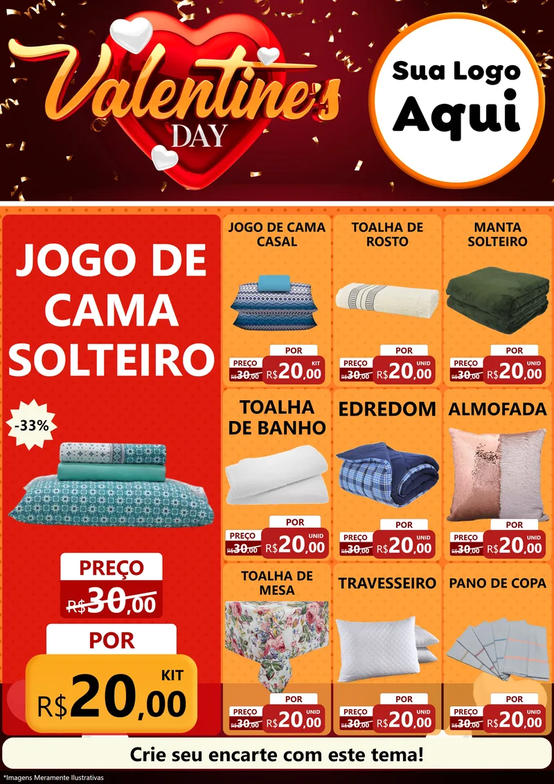 Modelo de Encarte para Encarte A4 Vertical com o tema Valentine's Day para Cama, Mesa e Banho