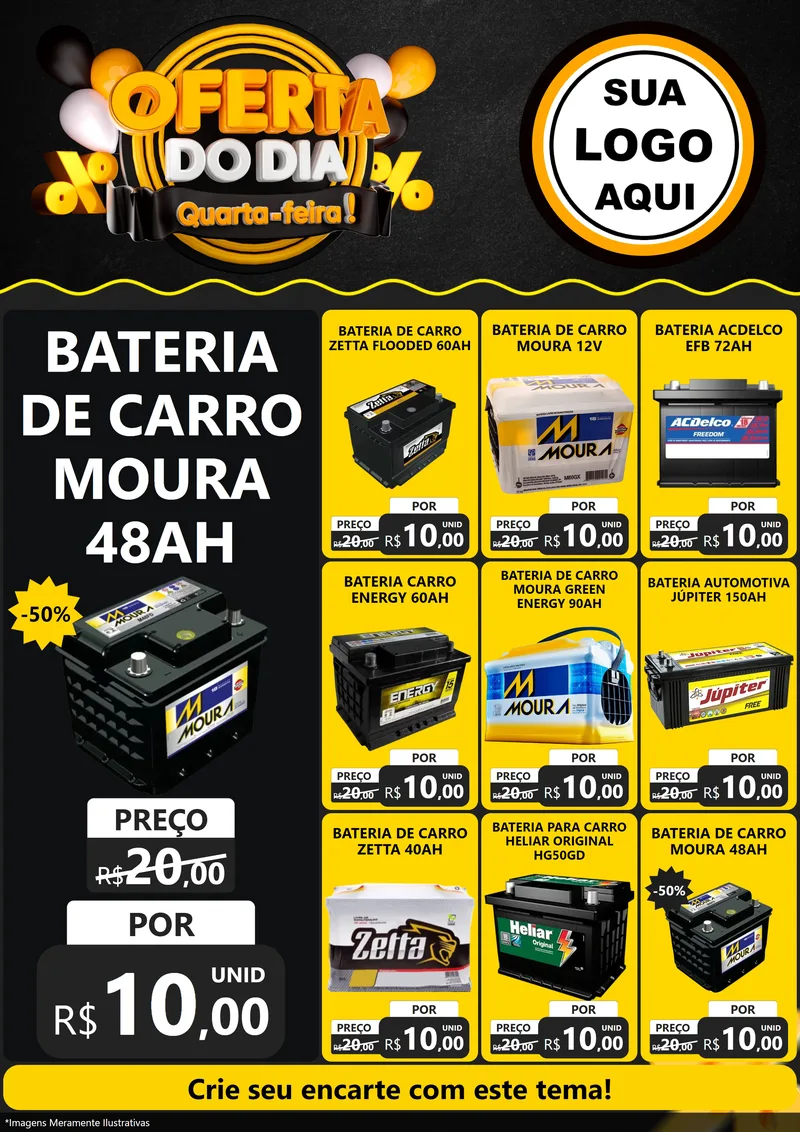 Modelo de Encarte para Encarte A4 Vertical com o tema Oferta do Dia - Quarta Feira! para Baterias Elétricas