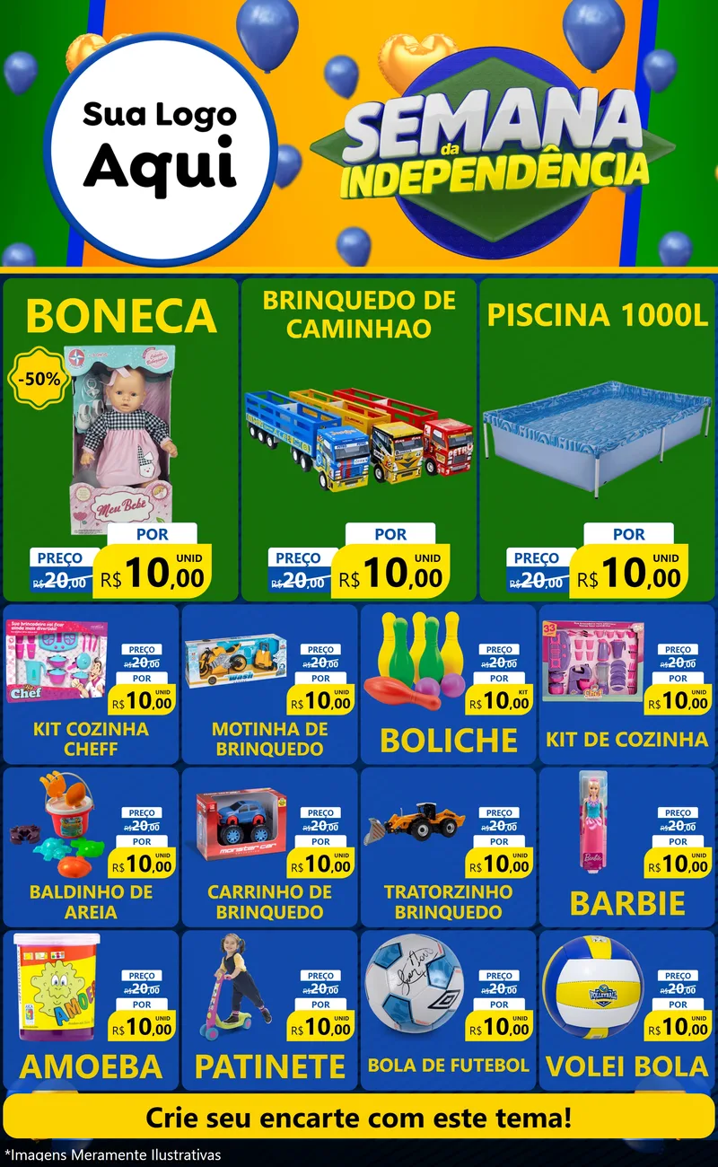 Modelo de Encarte para Encarte Grande com o tema Semana da Independência para Brinquedos