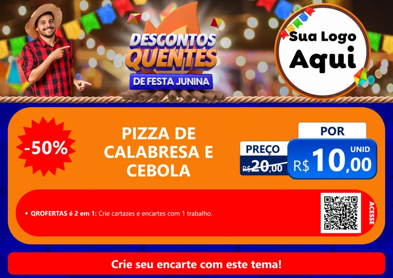 Modelo de Cartaz para Cartaz A4 Horizontal com o tema Descontos Quentes de Festa Junina para Pizzaria
