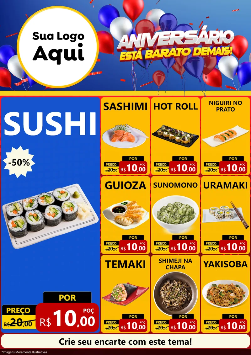 Modelo de Encarte para Encarte A4 Vertical com o tema Aniversário para Comida japonesa