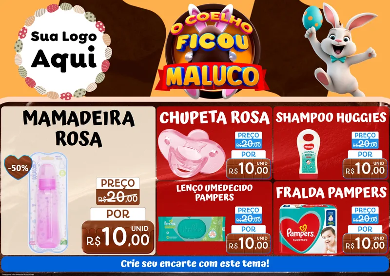 Modelo de Encarte para Encarte A4 Horizontal com o tema O Coelho Ficou Maluco - Páscoa para Bebês