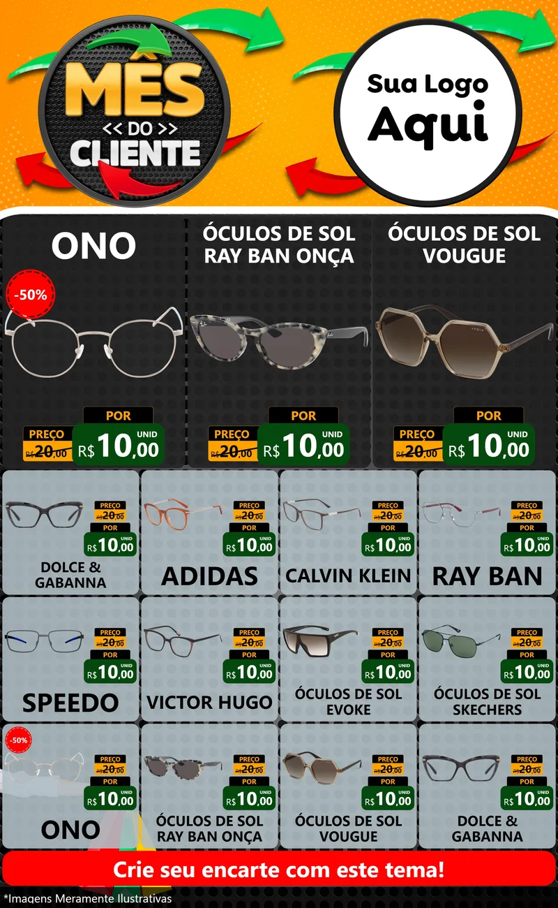 Modelo de Encarte para Encarte Grande com o tema Mês do Cliente para Óticas