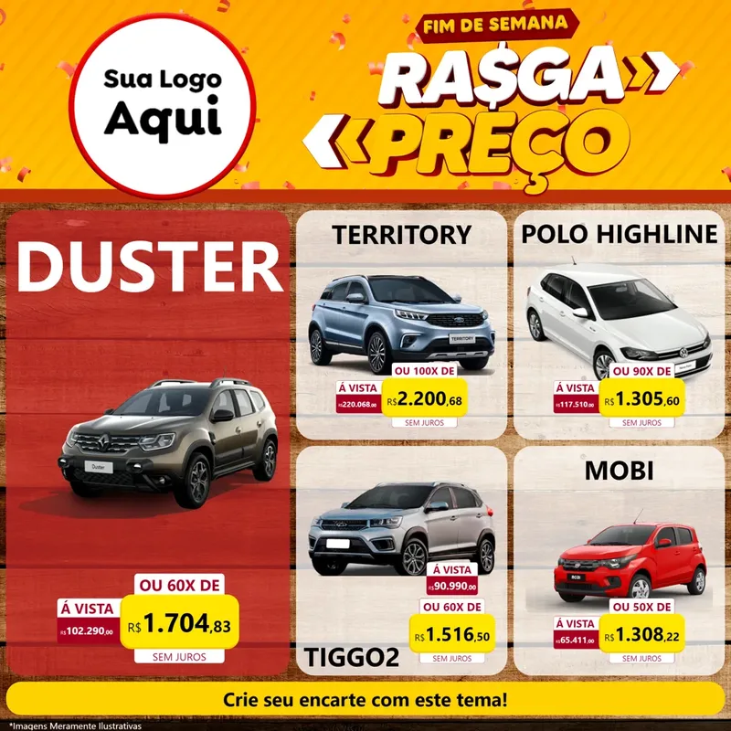 Modelo de Rede Social para Feed Facebook com o tema Fim de Semana Rasga Preços para Concessionaria de Carros
