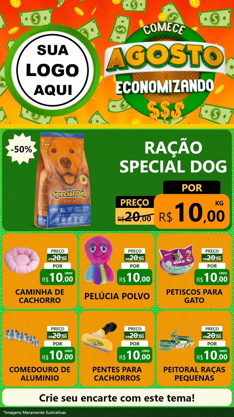 Modelo de Rede Social para Stories com o tema Comece Agosto Economizando para Pet Shop
