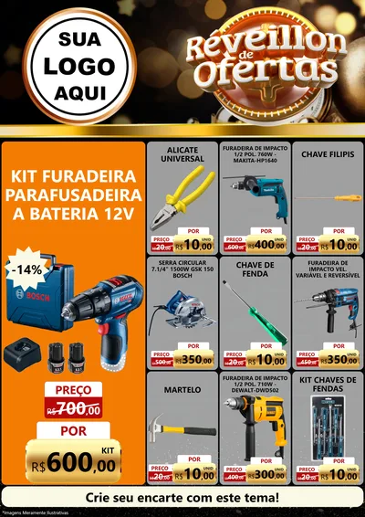 Modelo de Encarte para Encarte A4 Vertical com o tema Réveillon de Ofertas para Maquinas e Ferramentas