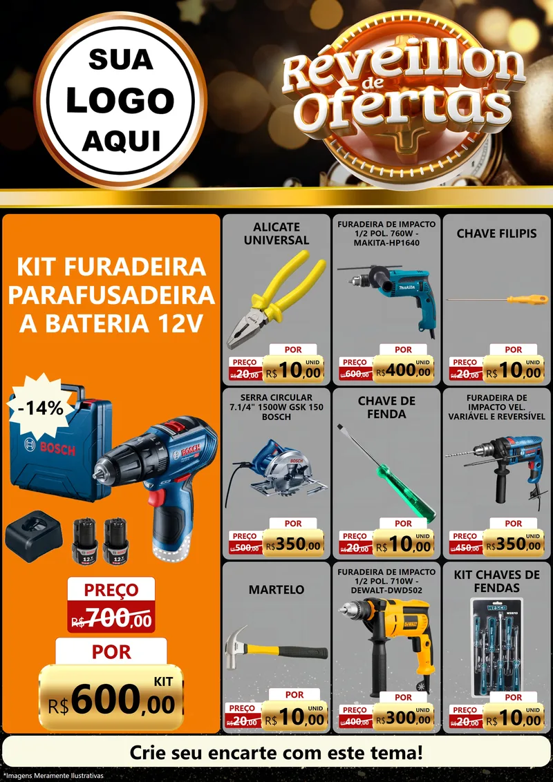 Modelo de Encarte para Encarte A4 Vertical com o tema Réveillon de Ofertas para Maquinas e Ferramentas