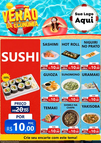 Modelo de Encarte para Encarte A4 Vertical com o tema Verão da Economia para Comida japonesa