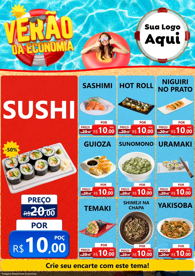 Modelo de Encarte para Encarte A4 Vertical com o tema Verão da Economia para Comida japonesa