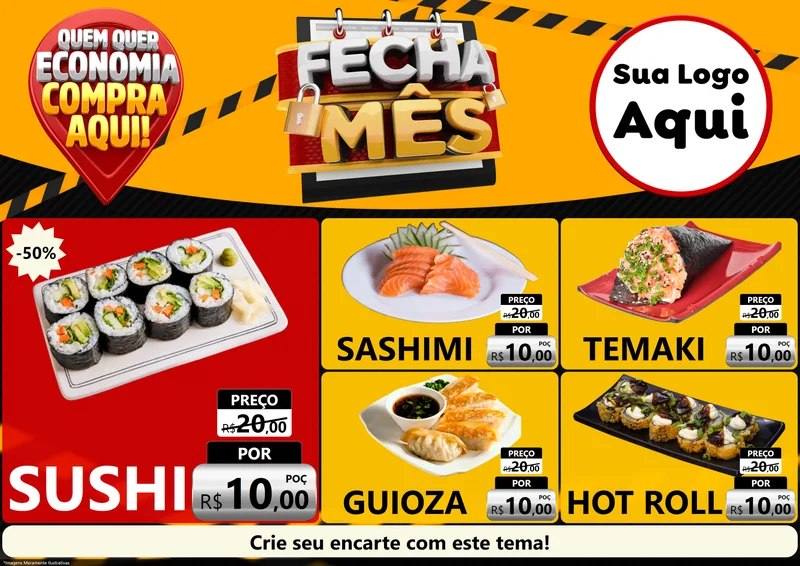 Modelo de Encarte para Encarte A4 Horizontal com o tema Fecha Mês para Comida japonesa