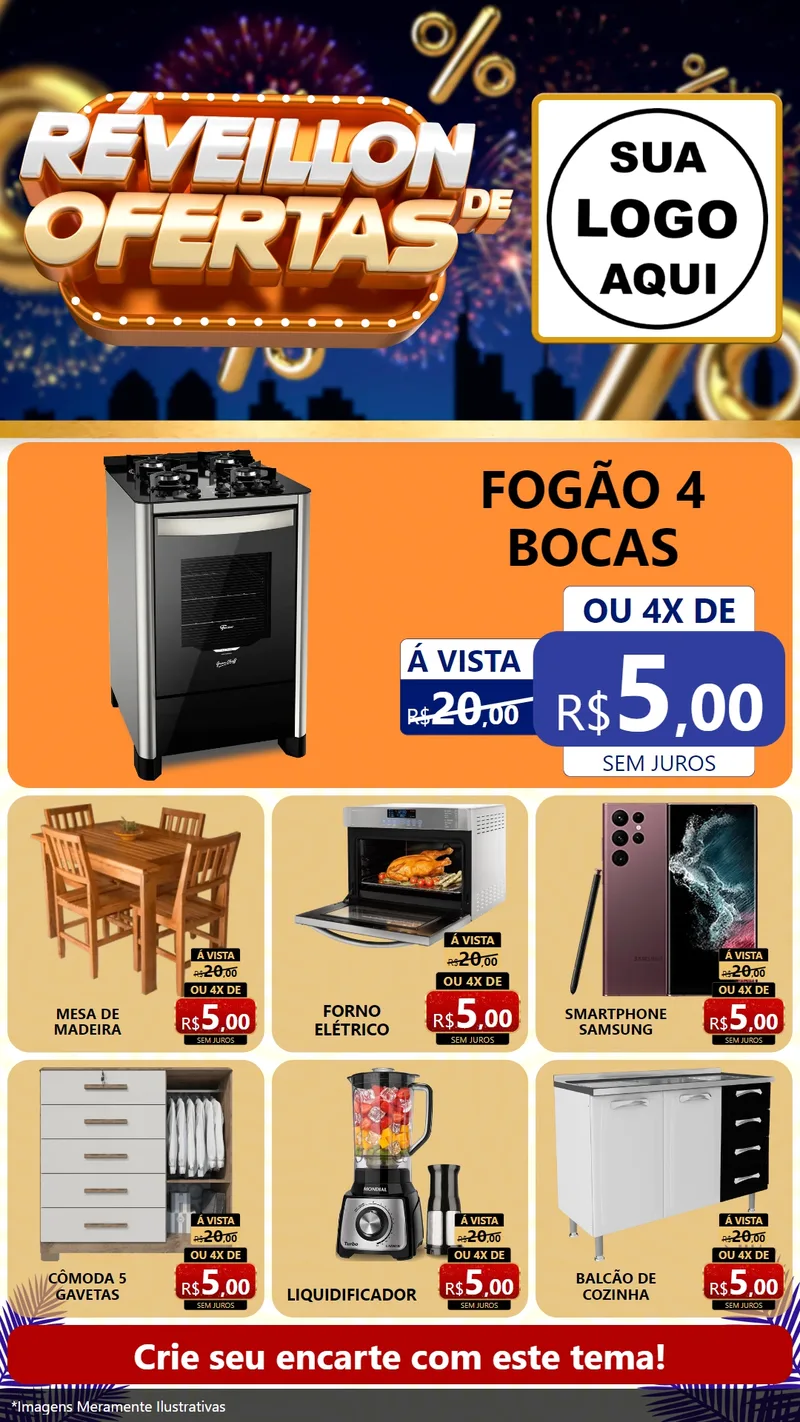 Modelo de Rede Social para Stories com o tema Réveillon de Ofertas para Móveis e Eletro