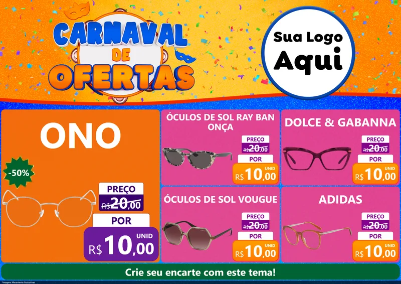 Modelo de Encarte para Encarte A4 Horizontal com o tema Carnaval de Ofertas para Óticas