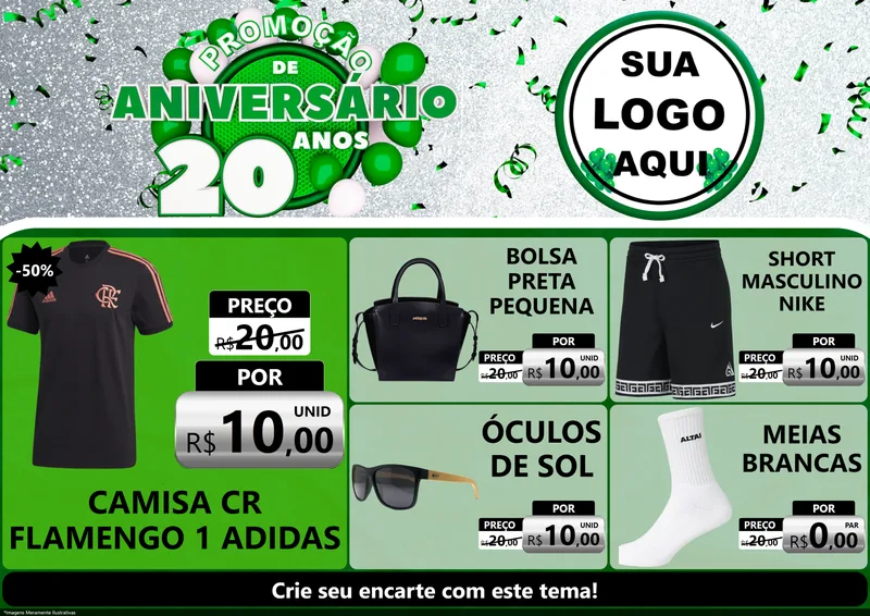 Modelo de Encarte para Encarte A4 Horizontal com o tema Promoção de Aniversário - 20 Anos para Roupas e acessórios