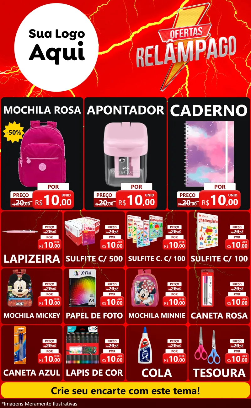 Modelo de Encarte para Encarte Grande com o tema Ofertas Relâmpago para Papelaria
