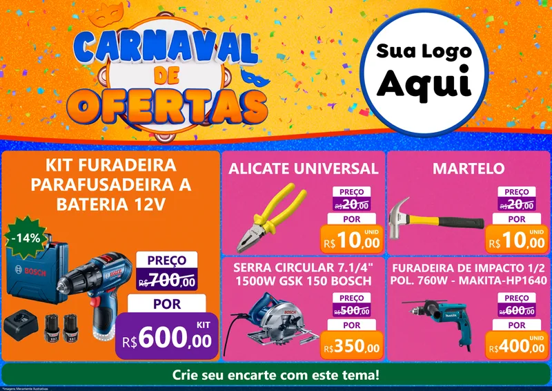 Modelo de Encarte para Encarte A4 Horizontal com o tema Carnaval de Ofertas para Maquinas e Ferramentas