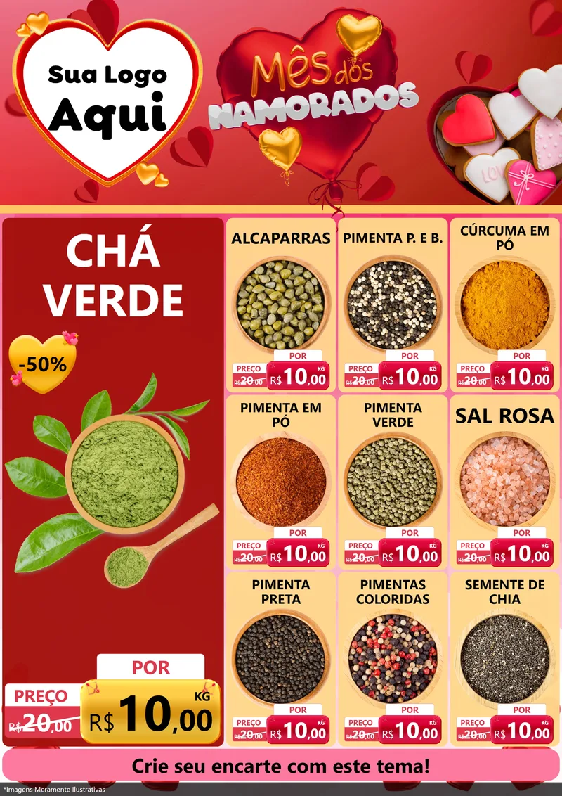 Modelo de Encarte para Encarte A4 Vertical com o tema Mês dos Namorados para Produtos Naturais