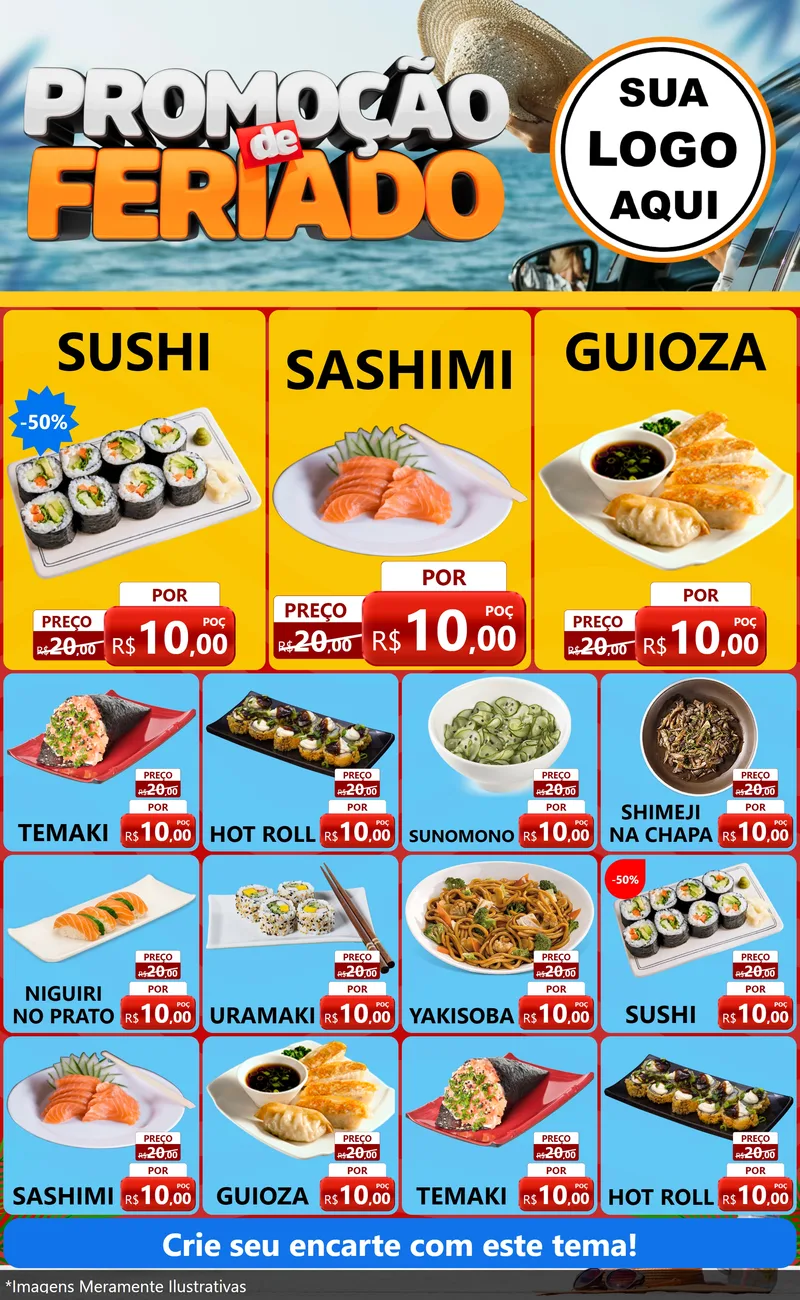 Modelo de Encarte para Encarte Grande com o tema Promoção de Feriado para Comida japonesa