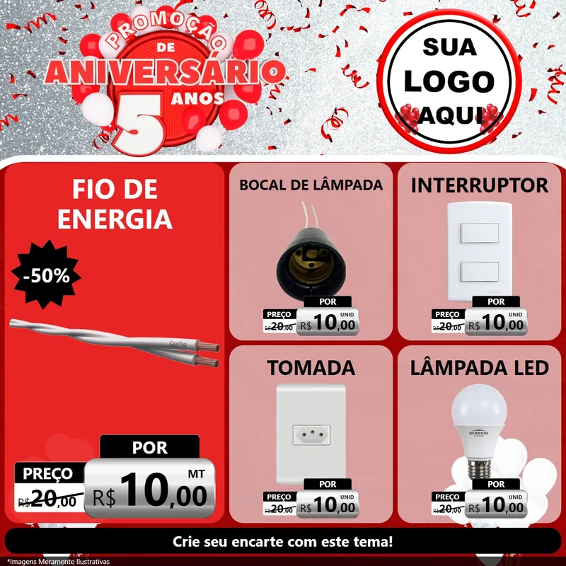Modelo de Rede Social para Feed Facebook com o tema Promoção de Aniversário - 5 Anos para Materiais Elétricos
